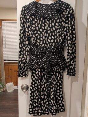 Emanuel Ungaro Black and Cream Long Sleeve Peplum Dress with Tie Waist